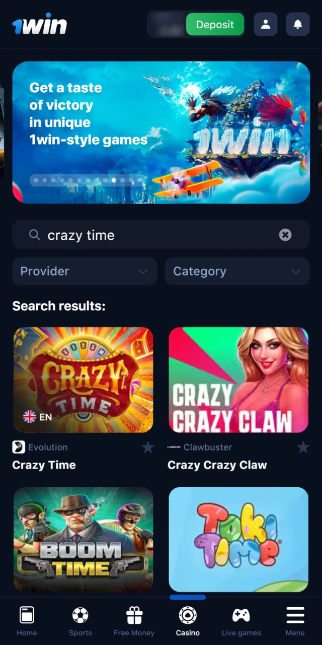 Find the Crazy Time game in the Live Casino section.