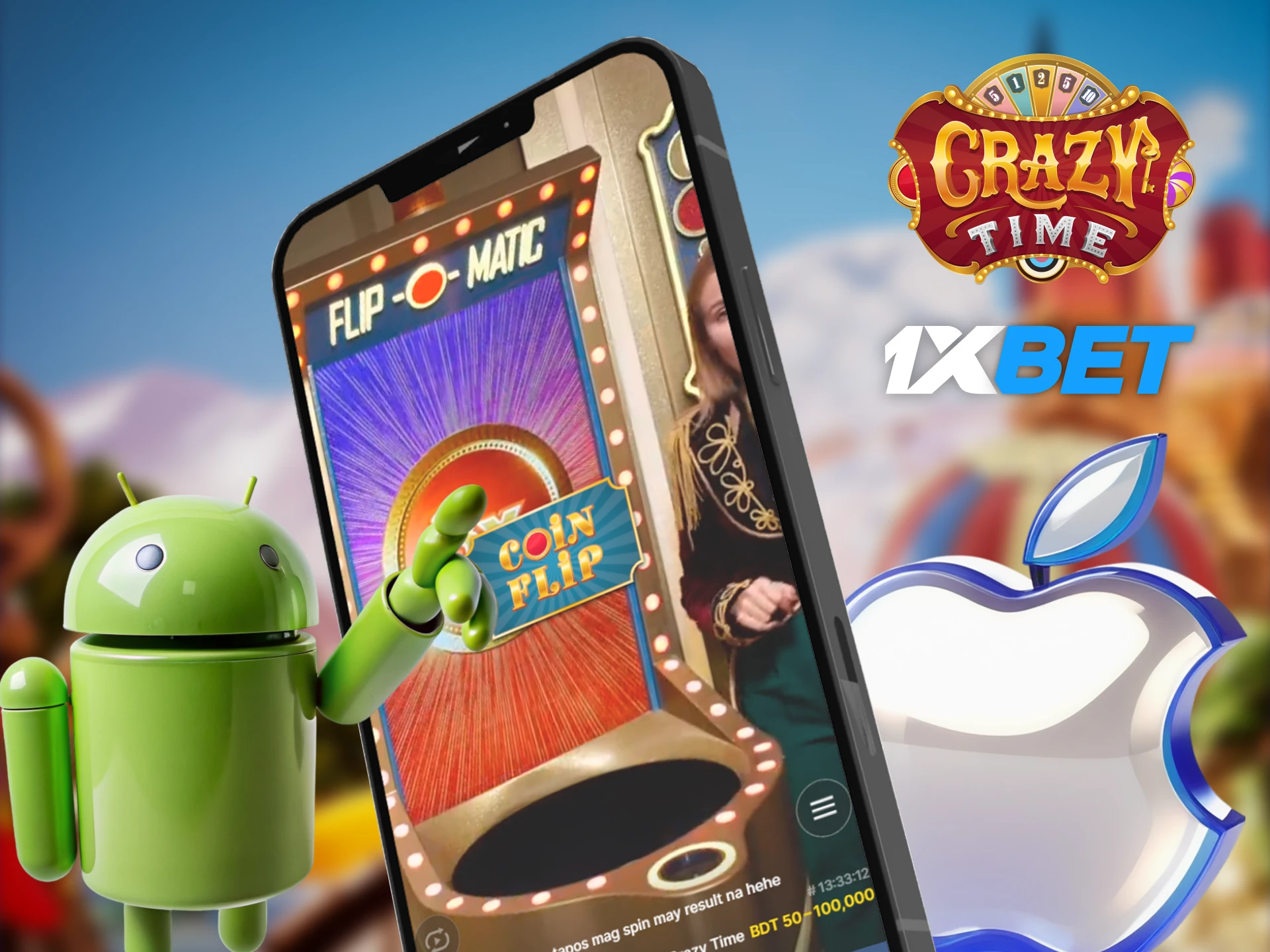 Play Crazy Time in the convenient 1xBet mobile app.