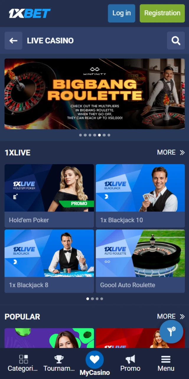 Live casino 1xBet with the game Crazy Time.