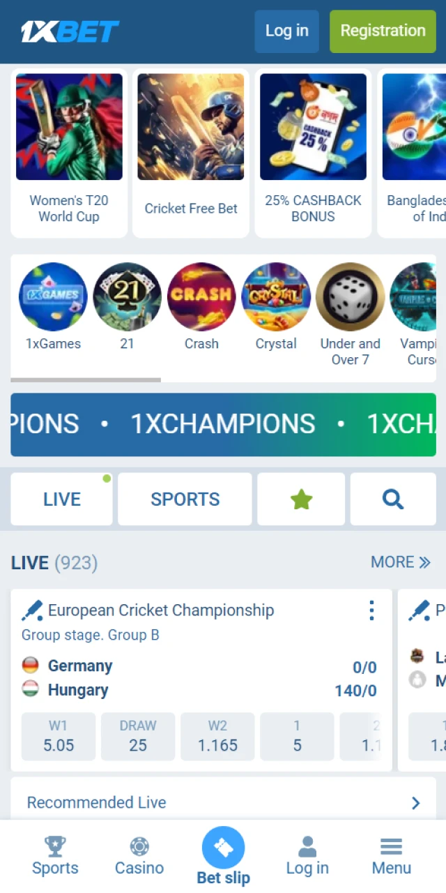 Home page of the 1xBet where you can play the Crazy Time game.