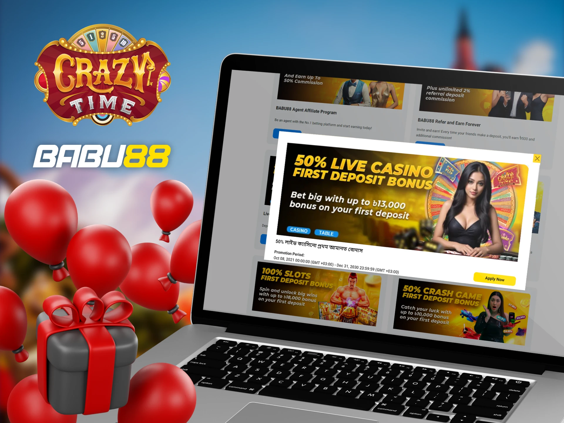 Babu88 offers a live casino welcome bonus for playing Crazy Time.