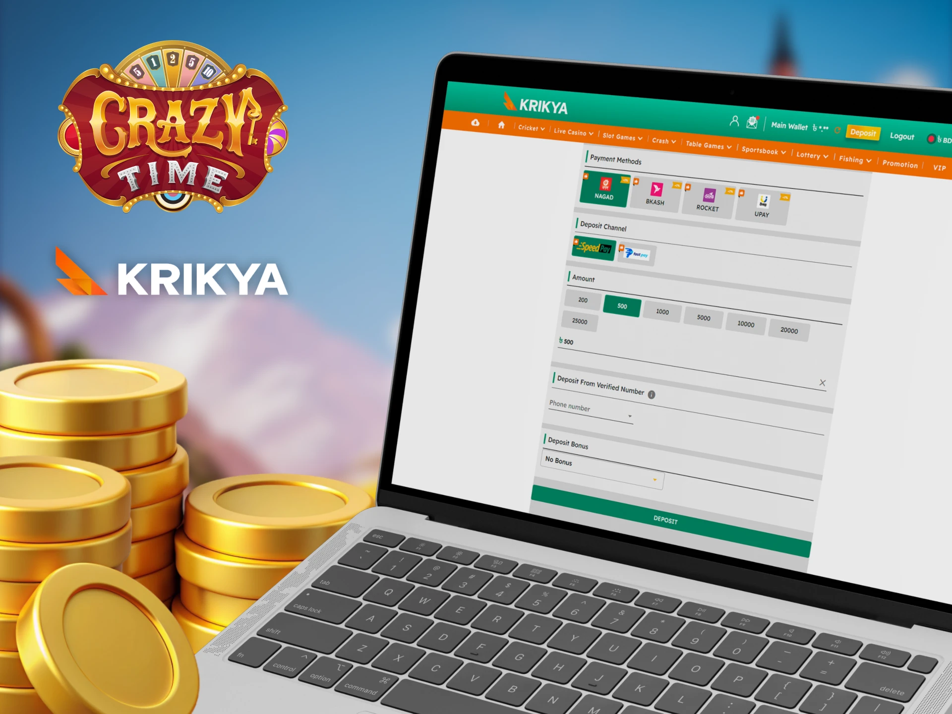 Make a deposit into your Krikya account and play Crazy Time.