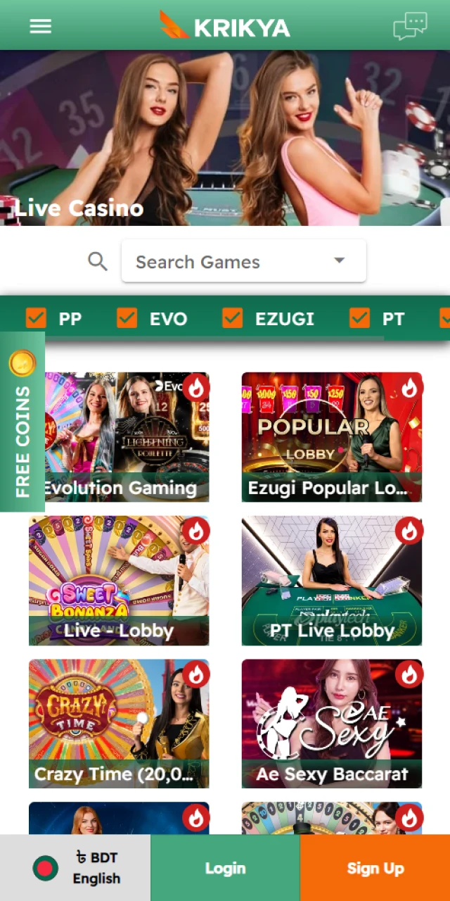 Krikya live casino section where you can find Crazy Time.