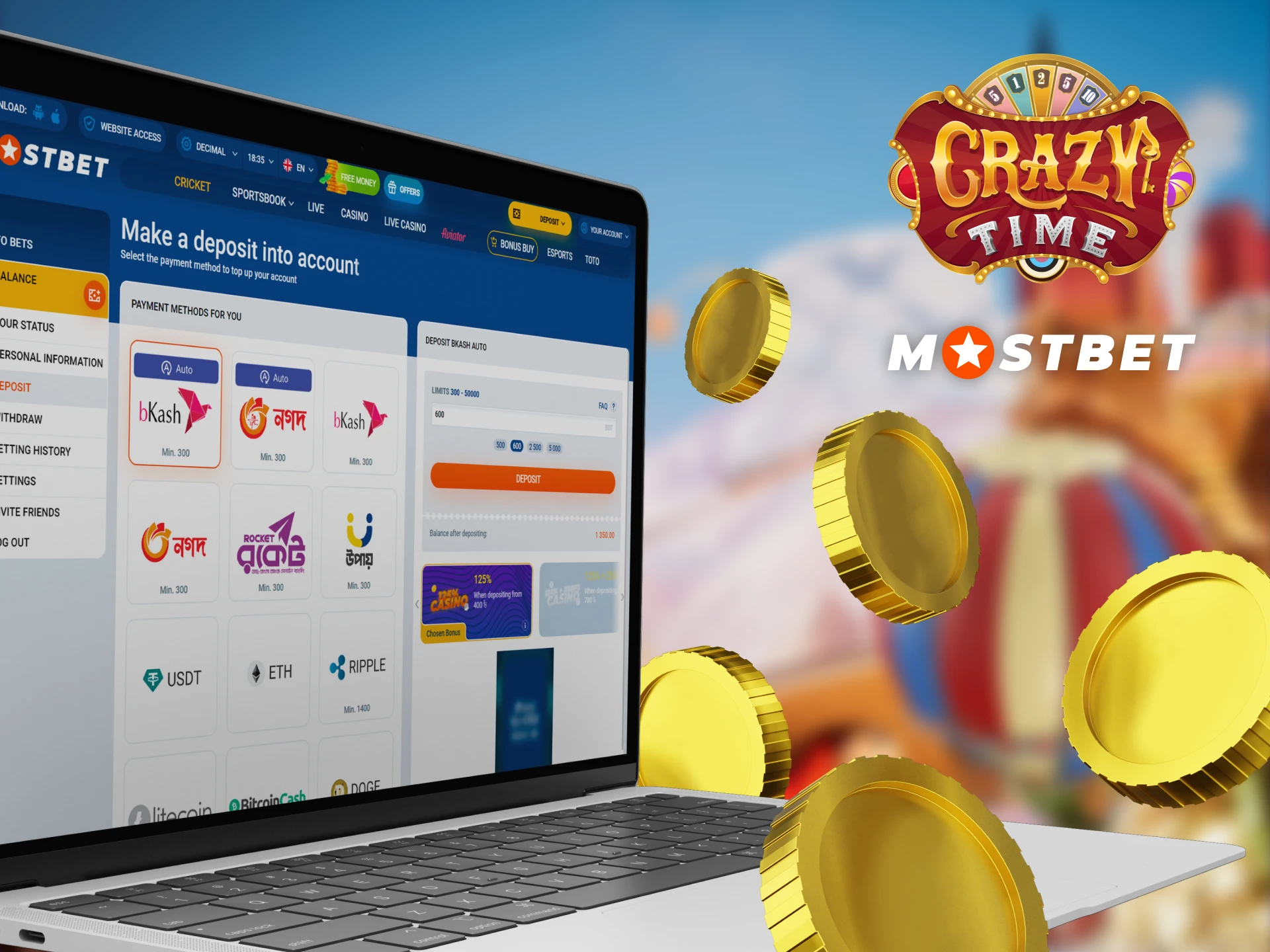 Make a deposit at Mostbet to play Crazy Time.