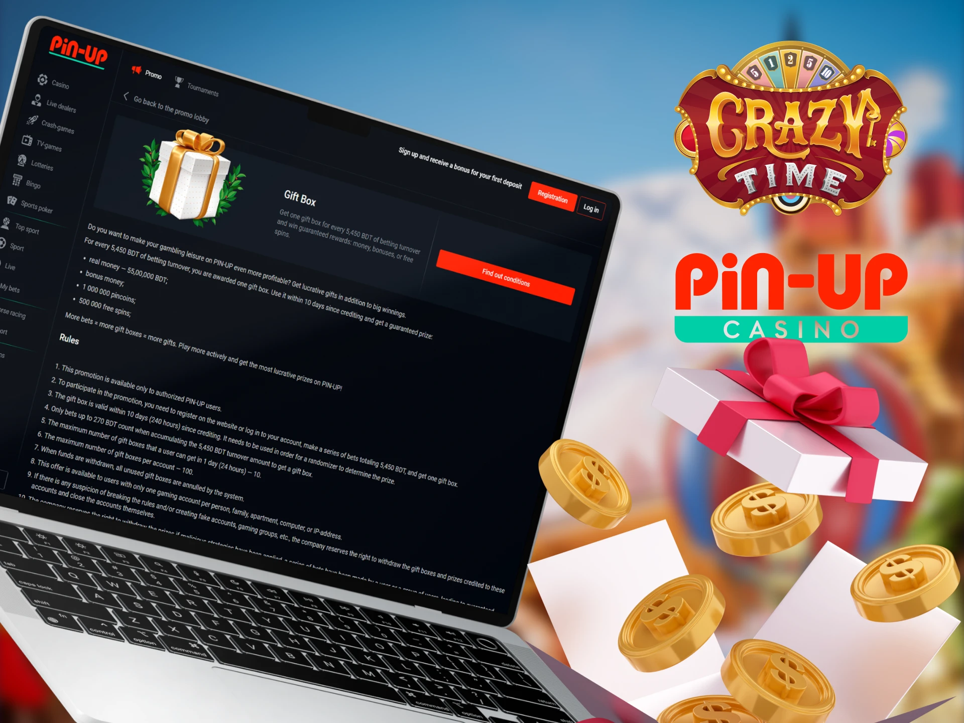 Take your Pin Up gift boxes and start playing Crazy Time.