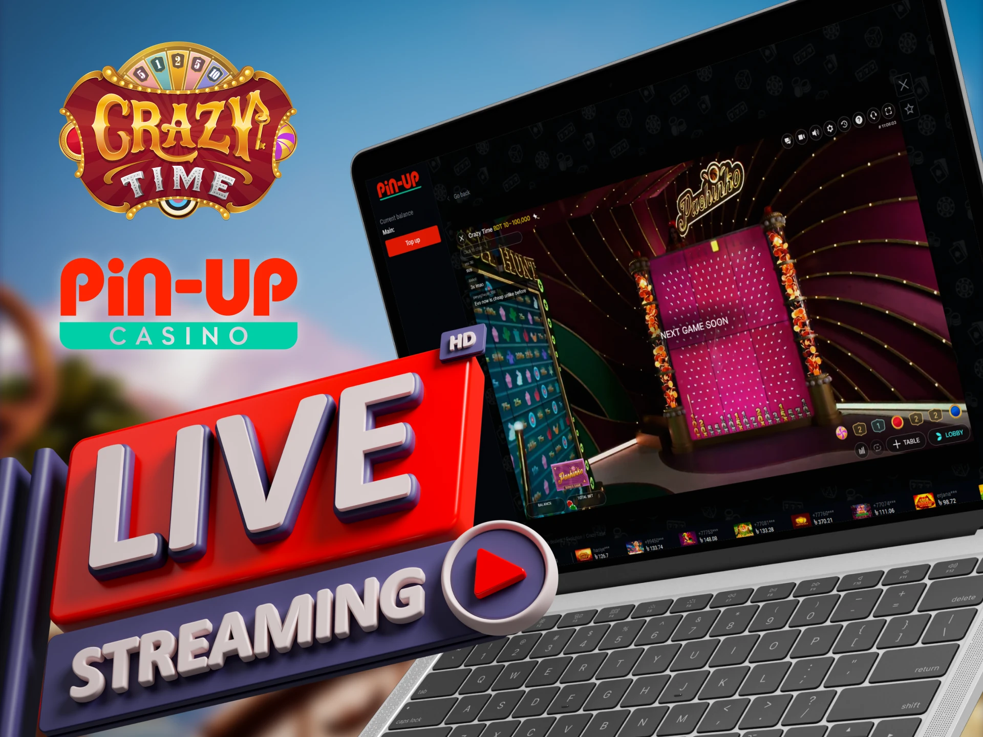 You can watch Crazy Time live all day long on Pin Up.