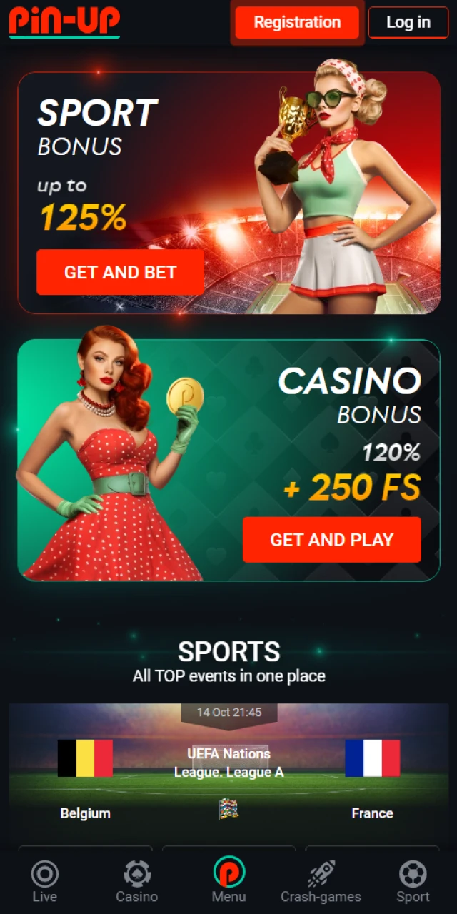 The main page of Pin Up Casino, where you can play Crazy Time.