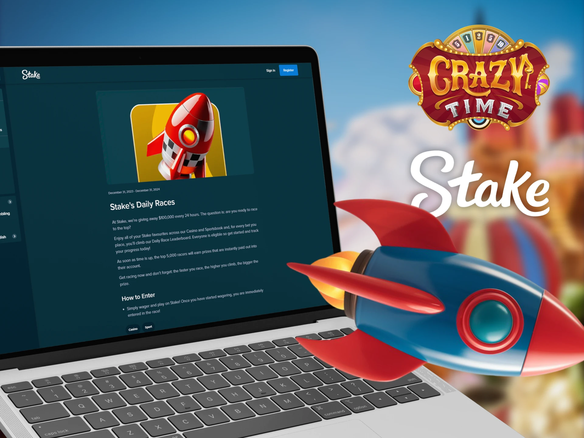 Get an edge when playing Crazy Time at Stake with daily races bonus.