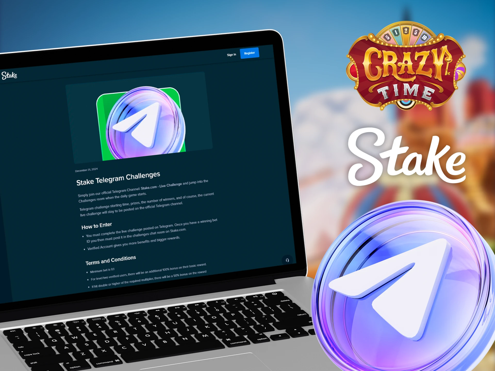 Get benefits from participating in Stake Telegram challenges by playing Crazy Time.