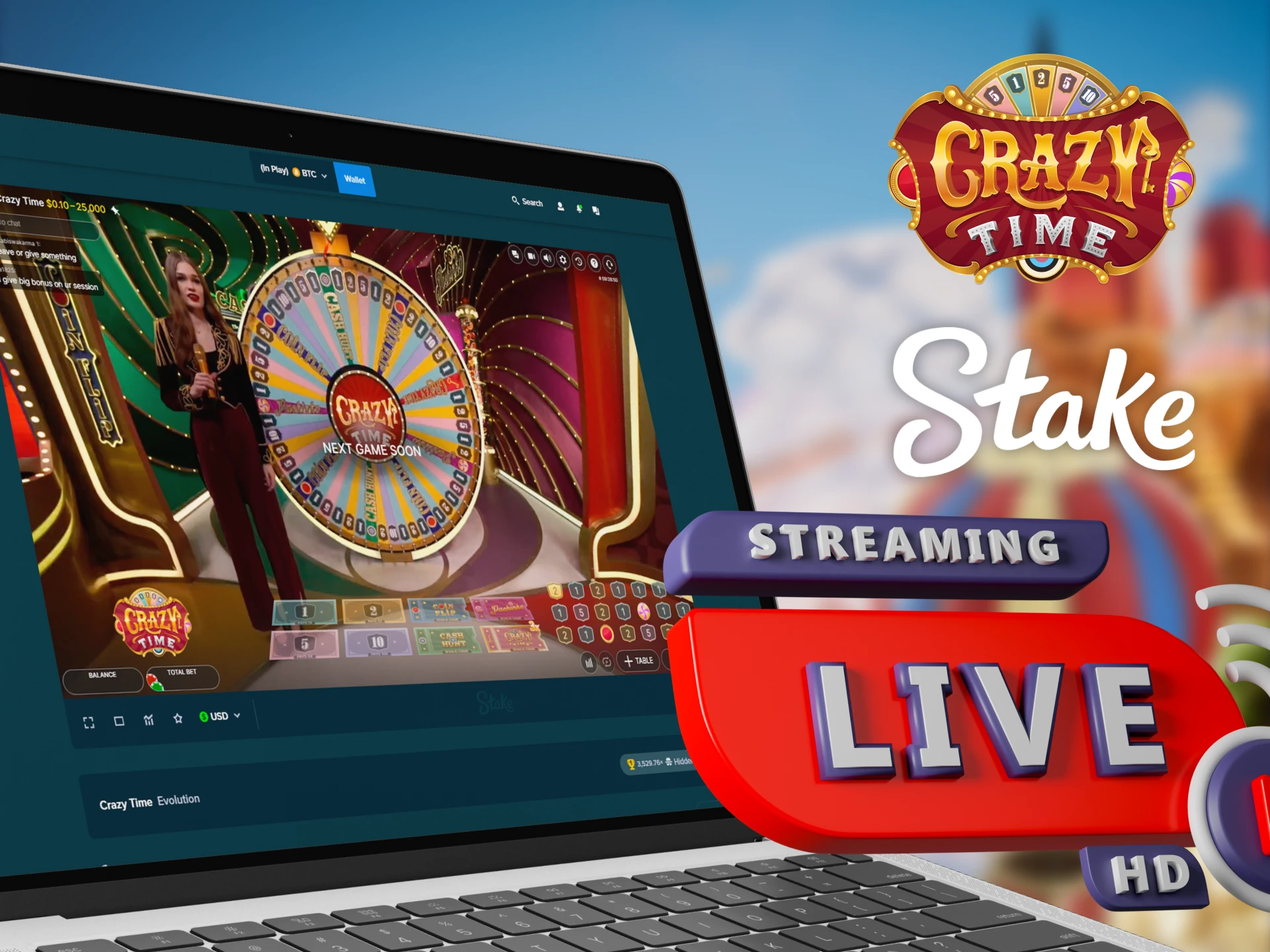 Watch Crazy Time live stream at Stake Casino.