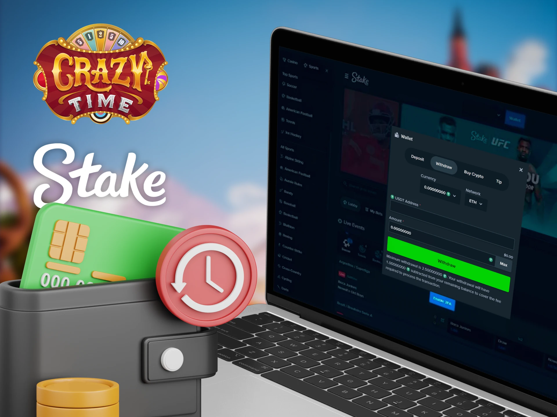 Withdraw your Crazy Time winnings at Stake Casino in seconds.